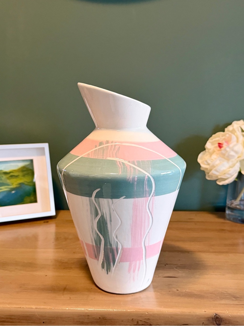 1980s Memphis Style Ceramic Pitcher Vase Pastel Art Deco Geometric